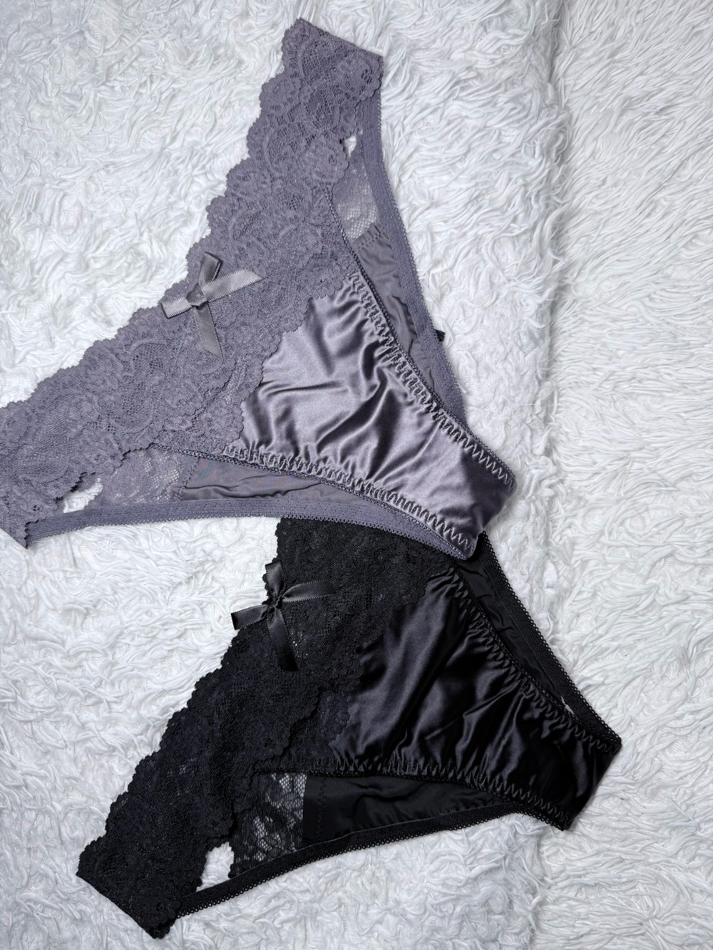 Lace & Satin Bikini Panty Duo — Gray and Black